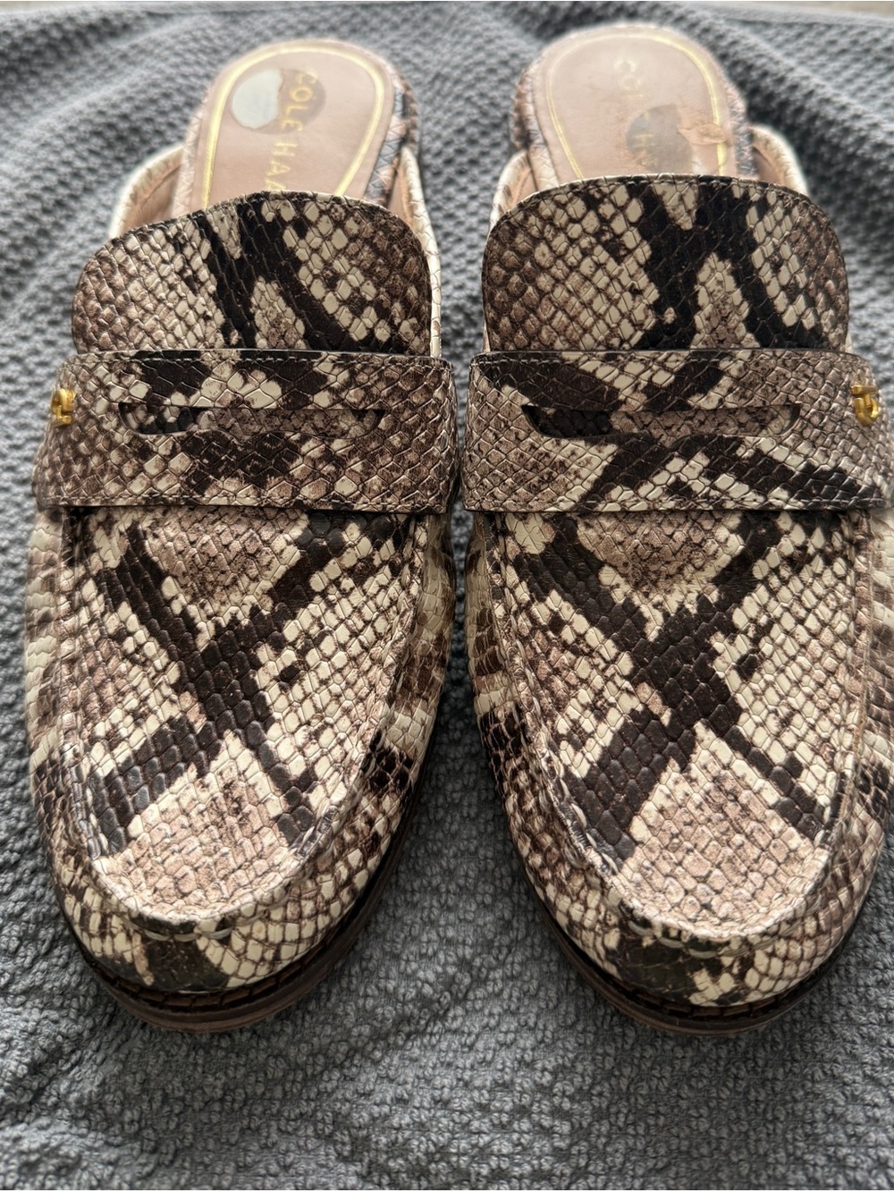 Cole Haan Snake Print Slip-On Loafers in Brown and Black